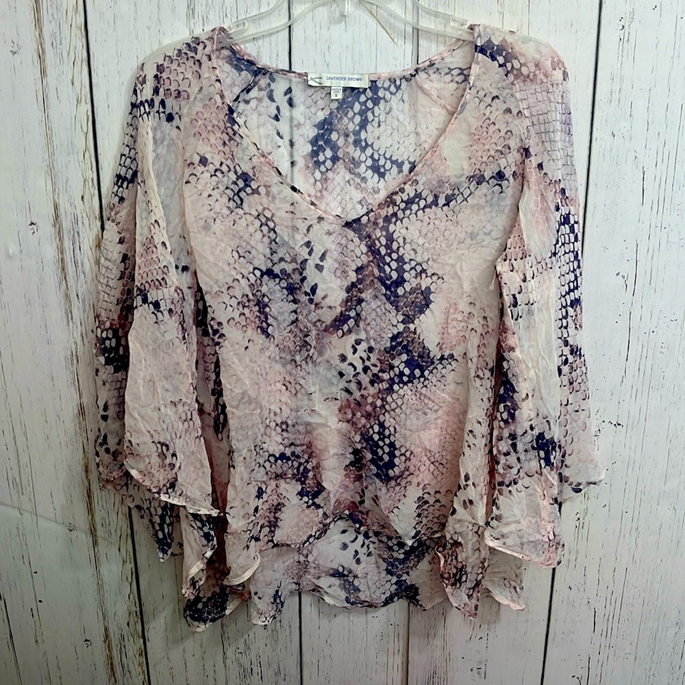 Lavender Brown 100% Silk Blouse Flowy Cut & 3/4 Sleeves Semi Sheer Size Small